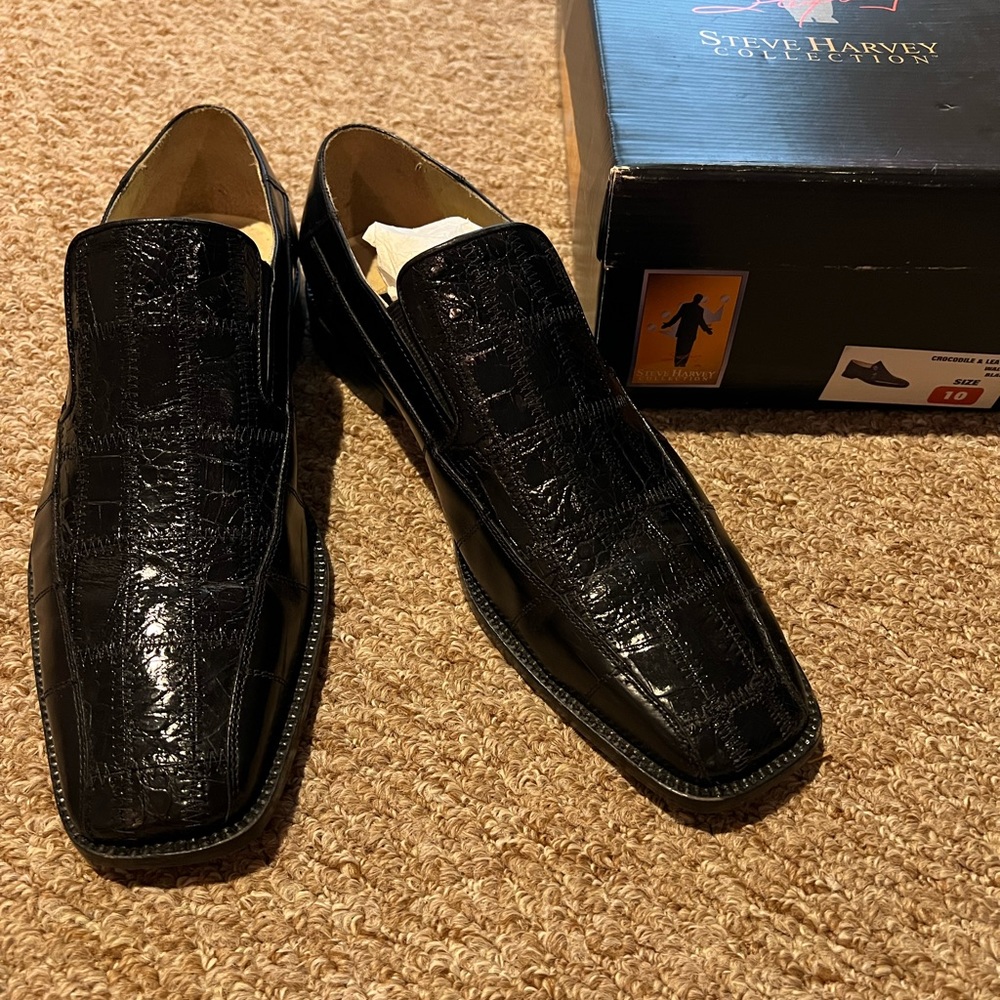 Steve Harvey Collection Crocodile & Leather Walter Black Dress Shoes